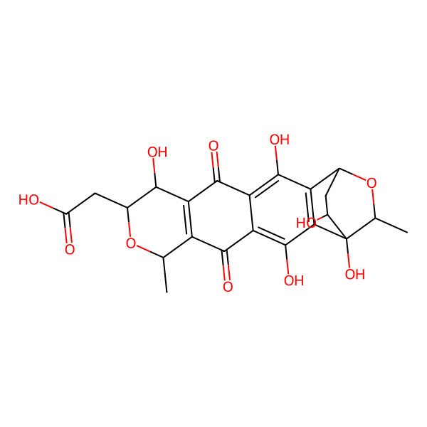 2D Structure of 2-[(1S,7S,9S,10S,16R,18R,19R)-1,3,10,14,19-pentahydroxy-7,18-dimethyl-5,12-dioxo-8,17-dioxapentacyclo[14.2.2.02,15.04,13.06,11]icosa-2(15),3,6(11),13-tetraen-9-yl]acetic acid