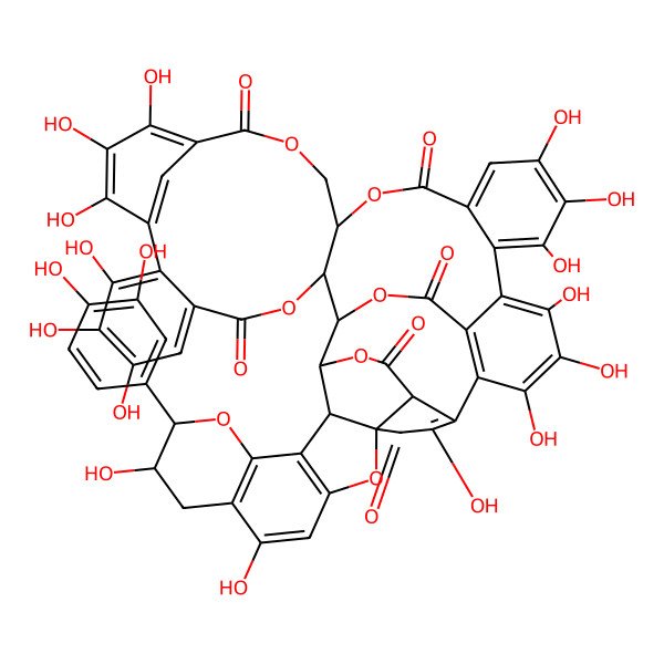 2D Structure of 44-(3,4-Dihydroxyphenyl)-7,8,9,12,13,14,24,25,26,29,30,31,34,40,43-pentadecahydroxy-3,17,20,37,45,50,53-heptaoxadodecacyclo[26.21.3.333,49.111,15.02,19.05,10.022,27.032,52.036,48.038,47.041,46.036,55]hexapentaconta-5,7,9,11(56),12,14,22,24,26,28(52),29,31,33,38(47),39,41(46)-hexadecaene-4,16,21,35,51,54-hexone