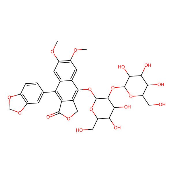 2D Structure of 9-(1,3-benzodioxol-5-yl)-4-[4,5-dihydroxy-6-(hydroxymethyl)-3-[3,4,5-trihydroxy-6-(hydroxymethyl)oxan-2-yl]oxyoxan-2-yl]oxy-6,7-dimethoxy-3H-benzo[f][2]benzofuran-1-one