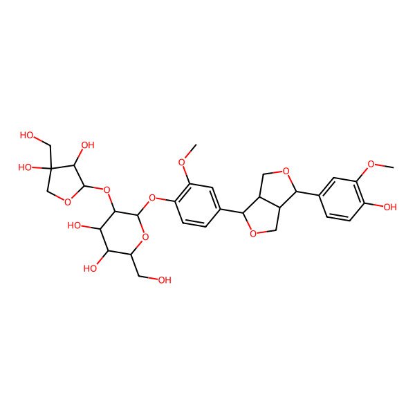 2D Structure of (2R,3S,4S,5R,6S)-6-[4-[(3S,3aR,6S,6aR)-3-(4-hydroxy-3-methoxyphenyl)-1,3,3a,4,6,6a-hexahydrofuro[3,4-c]furan-6-yl]-2-methoxyphenoxy]-5-[(2S,3R,4R)-3,4-dihydroxy-4-(hydroxymethyl)oxolan-2-yl]oxy-2-(hydroxymethyl)oxane-3,4-diol