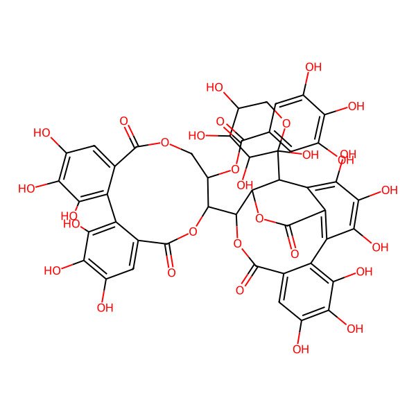 2D Structure of [(10R,11S)-10-[(14R,15S,19S)-2,3,4,7,8,9-hexahydroxy-12,17-dioxo-19-[(2S,3R,4R,5S)-2,3,4,5-tetrahydroxyoxan-2-yl]-13,16-dioxatetracyclo[13.3.1.05,18.06,11]nonadeca-1,3,5(18),6,8,10-hexaen-14-yl]-3,4,5,17,18,19-hexahydroxy-8,14-dioxo-9,13-dioxatricyclo[13.4.0.02,7]nonadeca-1(19),2,4,6,15,17-hexaen-11-yl] 3,4,5-trihydroxybenzoate