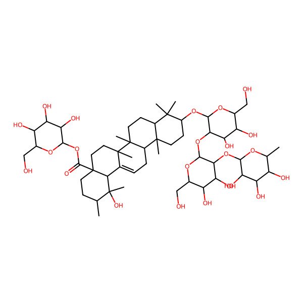 2D Structure of [(2S,3R,4S,5S,6R)-3,4,5-trihydroxy-6-(hydroxymethyl)oxan-2-yl] (1R,2R,4aS,6aR,6aS,6bR,8aR,10S,12aR,14bS)-10-[(2R,3R,4S,5S,6R)-3-[(2S,3R,4S,5S,6R)-4,5-dihydroxy-6-(hydroxymethyl)-3-[(2S,3R,4R,5R,6S)-3,4,5-trihydroxy-6-methyloxan-2-yl]oxyoxan-2-yl]oxy-4,5-dihydroxy-6-(hydroxymethyl)oxan-2-yl]oxy-1-hydroxy-1,2,6a,6b,9,9,12a-heptamethyl-2,3,4,5,6,6a,7,8,8a,10,11,12,13,14b-tetradecahydropicene-4a-carboxylate