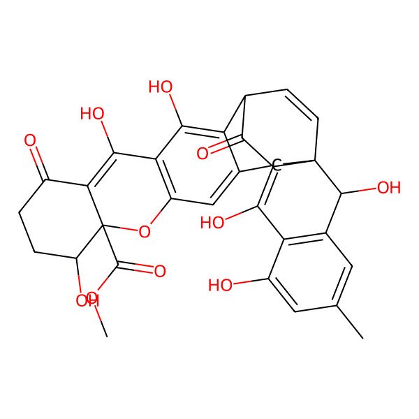 2D Structure of Methyl 8,13,15,20,22,27-hexahydroxy-24-methyl-11,18-dioxo-6-oxaheptacyclo[15.10.2.01,19.03,16.05,14.07,12.021,26]nonacosa-3,5(14),12,15,19,21(26),22,24,28-nonaene-7-carboxylate