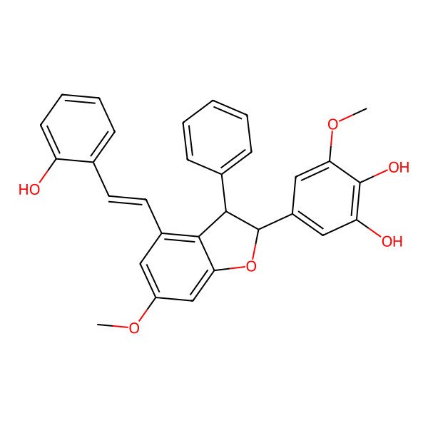 2D Structure of 5-[4-[2-(2-Hydroxyphenyl)ethenyl]-6-methoxy-3-phenyl-2,3-dihydro-1-benzofuran-2-yl]-3-methoxybenzene-1,2-diol