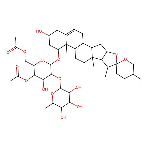 2D Structure of [3-Acetyloxy-4-hydroxy-6-(16-hydroxy-5',7,9,13-tetramethylspiro[5-oxapentacyclo[10.8.0.02,9.04,8.013,18]icos-18-ene-6,2'-oxane]-14-yl)oxy-5-(3,4,5-trihydroxy-6-methyloxan-2-yl)oxyoxan-2-yl]methyl acetate