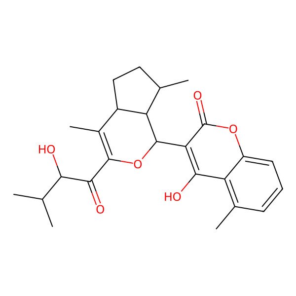 2D Structure of 4-Hydroxy-3-[3-(2-hydroxy-3-methylbutanoyl)-4,7-dimethyl-1,4a,5,6,7,7a-hexahydrocyclopenta[c]pyran-1-yl]-5-methylchromen-2-one