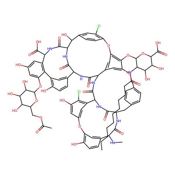 2D Structure of (1S,2R,19R,22R,34S,37R,40R,52S)-47-[(2R,3S,4S,5S,6R)-6-(acetyloxymethyl)-3,4,5-trihydroxyoxan-2-yl]oxy-64-[(2S,3R,4R,5S,6S)-6-carboxy-4,5-dihydroxy-3-(undecanoylamino)oxan-2-yl]oxy-5,32-dichloro-2,26,31,44,49-pentahydroxy-22-(methylamino)-21,35,38,54,56,59-hexaoxo-7,13,28-trioxa-20,36,39,53,55,58-hexazaundecacyclo[38.14.2.23,6.214,17.219,34.18,12.123,27.129,33.141,45.010,37.046,51]hexahexaconta-3,5,8,10,12(64),14(63),15,17(62),23(61),24,26,29(60),30,32,41(57),42,44,46(51),47,49,65-henicosaene-52-carboxylic acid