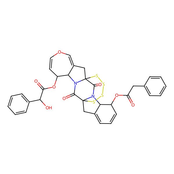 2D Structure of Benzeneacetic acid, alpha-hydroxy-, 5,5a,12,12a-tetrahydro-7,14-dioxo-12-((phenylacetyl)oxy)-8H,15H-7a,14a-epitetrathio-7H,14H-oxepino(3'',4'':4',5')pyrrolo(1',2':4,5)pyrazino(1,2-a)indol-5-yl ester, (5S-(5alpha(S*),5aalpha,7abeta,12alpha,12aalpha,14abeta))-
