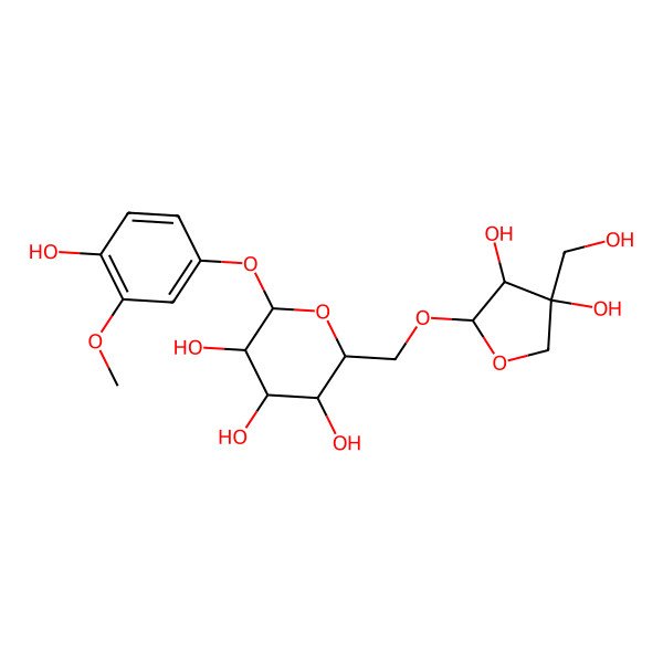2D Structure of 2-[[3,4-Dihydroxy-4-(hydroxymethyl)oxolan-2-yl]oxymethyl]-6-(4-hydroxy-3-methoxyphenoxy)oxane-3,4,5-triol