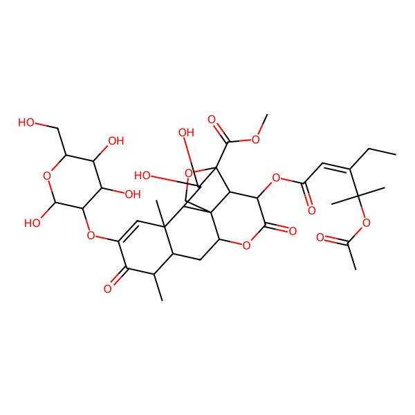 2D Structure of methyl (1R,2S,3R,6R,8S,9S,13S,14R,15R,16S,17S)-3-[(E)-4-acetyloxy-3-ethyl-4-methylpent-2-enoyl]oxy-15,16-dihydroxy-9,13-dimethyl-4,10-dioxo-11-[(2R,3R,4S,5S,6R)-2,4,5-trihydroxy-6-(hydroxymethyl)oxan-3-yl]oxy-5,18-dioxapentacyclo[12.5.0.01,6.02,17.08,13]nonadec-11-ene-17-carboxylate