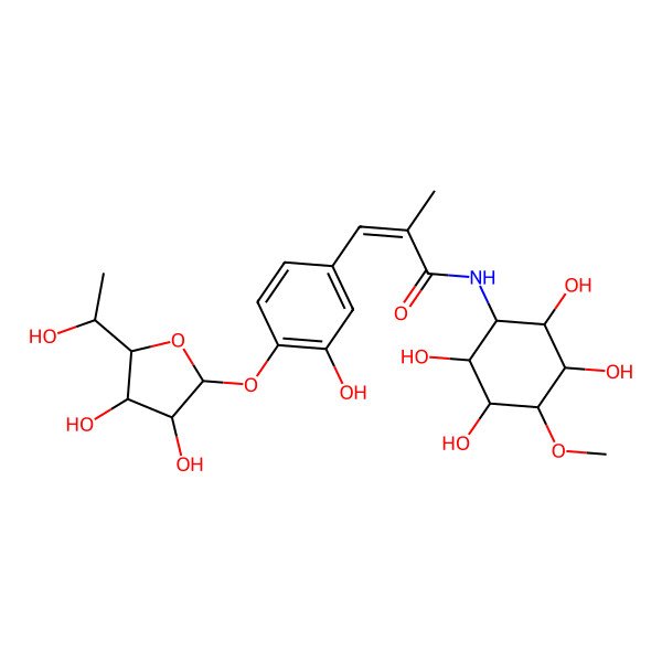2D Structure of 3-[4-[3,4-dihydroxy-5-(1-hydroxyethyl)oxolan-2-yl]oxy-3-hydroxyphenyl]-2-methyl-N-(2,3,5,6-tetrahydroxy-4-methoxycyclohexyl)prop-2-enamide