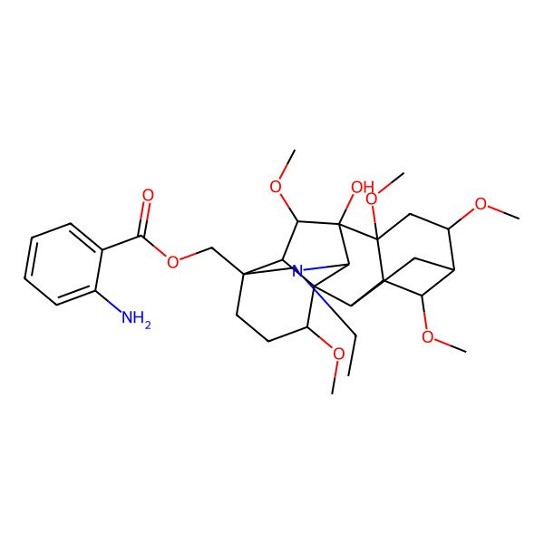 2D Structure of [(1S,2R,3R,4S,5R,6S,8R,9S,10S,13S,16S,17R,18S)-11-ethyl-9-hydroxy-4,6,8,16,18-pentamethoxy-11-azahexacyclo[7.7.2.12,5.01,10.03,8.013,17]nonadecan-13-yl]methyl 2-aminobenzoate