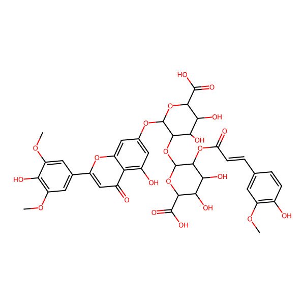 2D Structure of (2S,3S,4S,5R,6S)-5-[(2R,3R,4S,5S,6S)-6-carboxy-4,5-dihydroxy-3-[(E)-3-(4-hydroxy-3-methoxyphenyl)prop-2-enoyl]oxyoxan-2-yl]oxy-3,4-dihydroxy-6-[5-hydroxy-2-(4-hydroxy-3,5-dimethoxyphenyl)-4-oxochromen-7-yl]oxyoxane-2-carboxylic acid