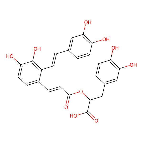 2D Structure of (2S)-3-(3,4-dihydroxyphenyl)-2-[(E)-3-[2-[(E)-2-(3,4-dihydroxyphenyl)ethenyl]-3,4-dihydroxyphenyl]prop-2-enoyl]oxypropanoic acid