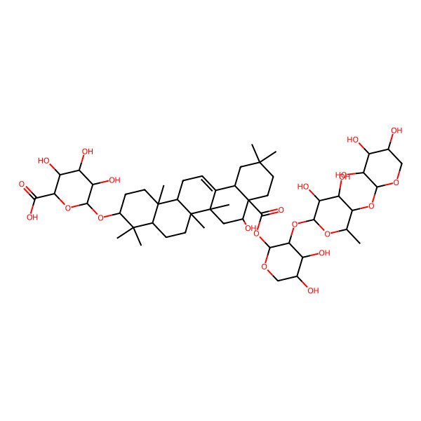 2D Structure of (2S,3S,4S,5R,6R)-6-[[(3S,4aR,6aR,6bS,8R,8aR,12aS,14aR,14bR)-8a-[(2S,3R,4S,5S)-3-[(2S,3R,4S,5R,6S)-3,4-dihydroxy-6-methyl-5-[(2S,3R,4S,5R)-3,4,5-trihydroxyoxan-2-yl]oxyoxan-2-yl]oxy-4,5-dihydroxyoxan-2-yl]oxycarbonyl-8-hydroxy-4,4,6a,6b,11,11,14b-heptamethyl-1,2,3,4a,5,6,7,8,9,10,12,12a,14,14a-tetradecahydropicen-3-yl]oxy]-3,4,5-trihydroxyoxane-2-carboxylic acid