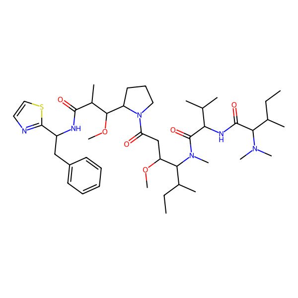 2D Structure of (2S,3S)-2-(dimethylamino)-N-[(2S)-1-[[(3R,4S,5S)-3-methoxy-1-[(2R)-2-[(1R,2R)-1-methoxy-2-methyl-3-oxo-3-[[(1S)-2-phenyl-1-(1,3-thiazol-2-yl)ethyl]amino]propyl]pyrrolidin-1-yl]-5-methyl-1-oxoheptan-4-yl]-methylamino]-3-methyl-1-oxobutan-2-yl]-3-methylpentanamide