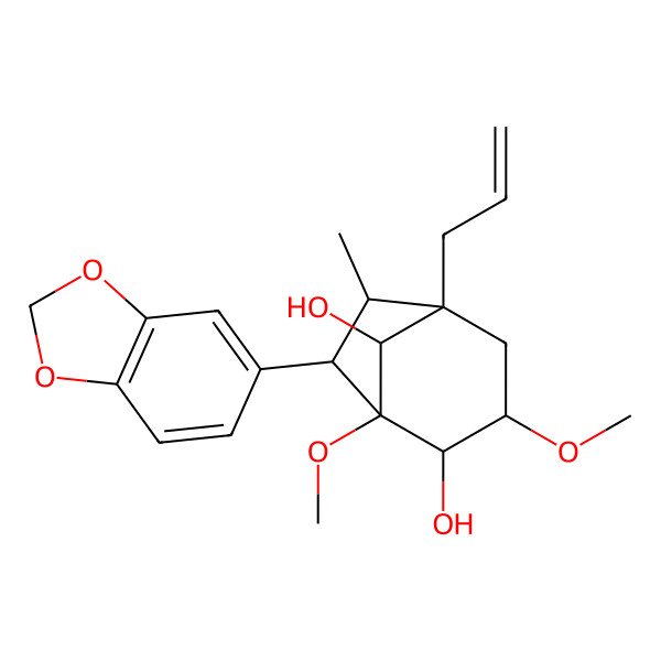 2D Structure of (1R,2R,3S,5S,6R,7S,8S)-7-(1,3-benzodioxol-5-yl)-1,3-dimethoxy-6-methyl-5-prop-2-enylbicyclo[3.2.1]octane-2,8-diol