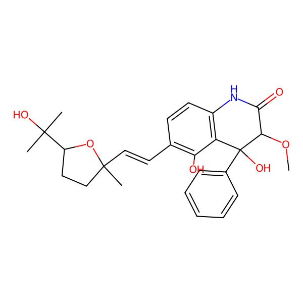 2D Structure of 4,5-Dihydroxy-6-[2-[5-(2-hydroxypropan-2-yl)-2-methyloxolan-2-yl]ethenyl]-3-methoxy-4-phenyl-1,3-dihydroquinolin-2-one