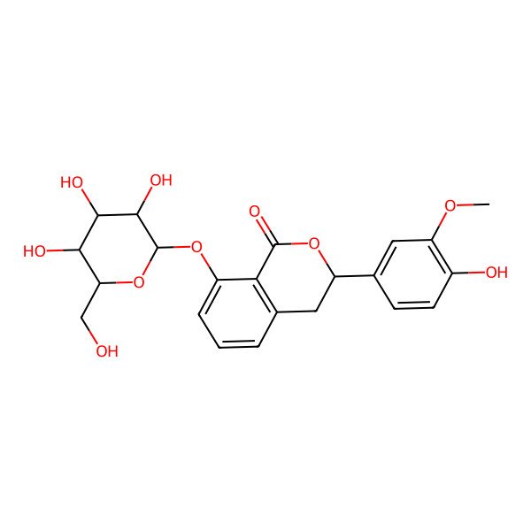 2D Structure of (3S)-3-(4-hydroxy-3-methoxyphenyl)-8-[(2S,3R,4S,5S,6R)-3,4,5-trihydroxy-6-(hydroxymethyl)oxan-2-yl]oxy-3,4-dihydroisochromen-1-one