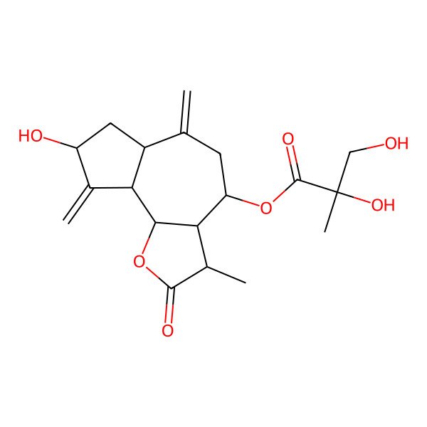 2D Structure of [(3R,3aR,4S,6aR,8S,9aR,9bR)-8-hydroxy-3-methyl-6,9-dimethylidene-2-oxo-3a,4,5,6a,7,8,9a,9b-octahydro-3H-azuleno[4,5-b]furan-4-yl] 2,3-dihydroxy-2-methylpropanoate