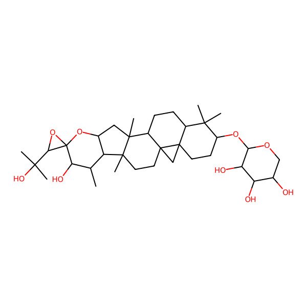 2D Structure of (2S,3R,4S,5R)-2-[(1S,3'S,4R,5R,6S,7R,8R,10S,12S,13S,16R,18S,21R)-7-hydroxy-3'-(2-hydroxypropan-2-yl)-4,6,12,17,17-pentamethylspiro[9-oxahexacyclo[11.9.0.01,21.04,12.05,10.016,21]docosane-8,2'-oxirane]-18-yl]oxyoxane-3,4,5-triol