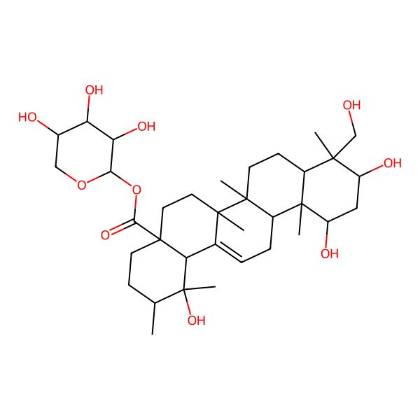 2D Structure of [(2S,3R,4S,5R)-3,4,5-trihydroxyoxan-2-yl] (1R,2R,4aS,6aS,6aS,6bR,8aR,9R,10S,12S,12aR,14bS)-1,10,12-trihydroxy-9-(hydroxymethyl)-1,2,6a,6b,9,12a-hexamethyl-2,3,4,5,6,6a,7,8,8a,10,11,12,13,14b-tetradecahydropicene-4a-carboxylate
