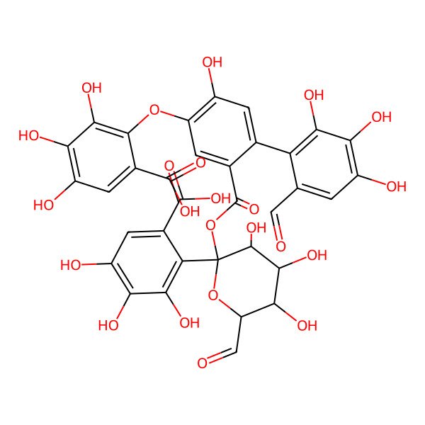 2D Structure of beta-D-glucopyranose, cyclic 3,6-(4-(6-carboxy-2,3,4-trihydroxyphenoxy)-4',5,5',6,6'-pentahydroxy(1,1'-biphenyl)-2,2'-dicarboxylate) 1-(3,4,5-trihydroxybenzoate)