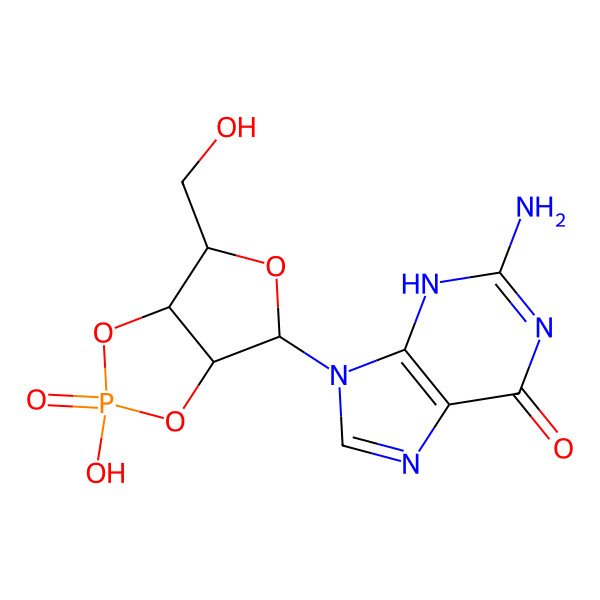 2D Structure of 9-[(3aR,4R,6R,6aR)-2-hydroxy-6-(hydroxymethyl)-2-oxo-3a,4,6,6a-tetrahydrofuro[3,4-d][1,3,2]dioxaphosphol-4-yl]-2-amino-3H-purin-6-one