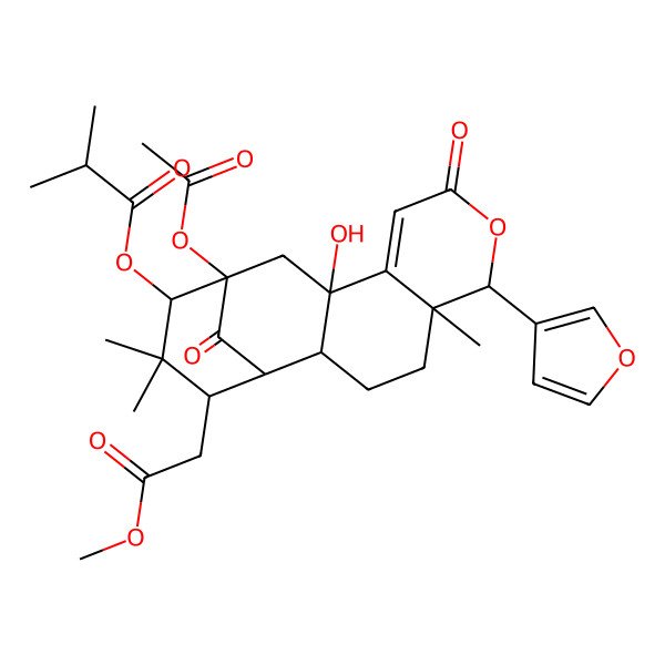 2D Structure of [13-Acetyloxy-6-(furan-3-yl)-11-hydroxy-16-(2-methoxy-2-oxoethyl)-5,15,15-trimethyl-8,17-dioxo-7-oxatetracyclo[11.3.1.02,11.05,10]heptadec-9-en-14-yl] 2-methylpropanoate
