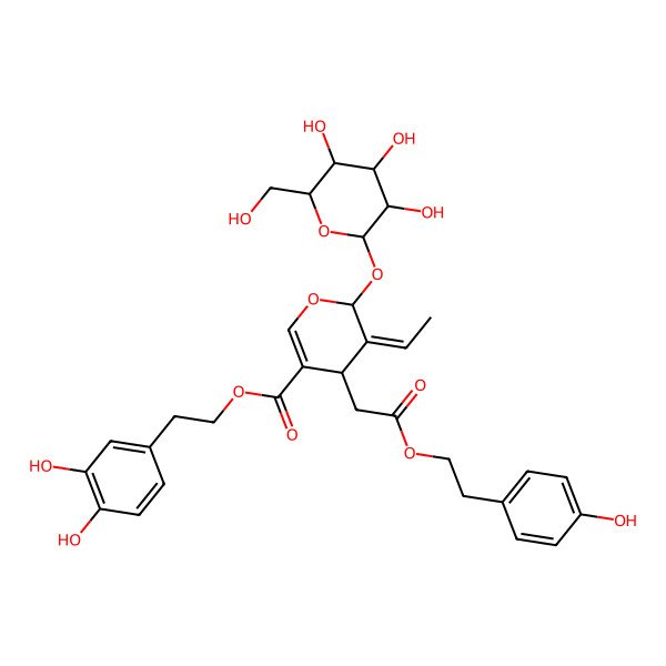 2D Structure of 2-(3,4-dihydroxyphenyl)ethyl 5-ethylidene-4-[2-[2-(4-hydroxyphenyl)ethoxy]-2-oxoethyl]-6-[3,4,5-trihydroxy-6-(hydroxymethyl)oxan-2-yl]oxy-4H-pyran-3-carboxylate