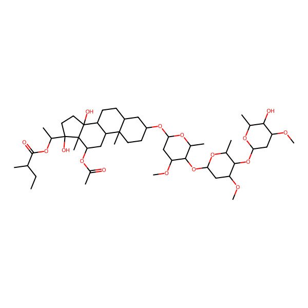 2D Structure of [(1S)-1-[(3S,5S,8R,9S,10S,12R,13S,14S,17S)-12-acetyloxy-14,17-dihydroxy-3-[(2S,4S,5R,6R)-5-[(2S,4S,5R,6R)-5-[(2S,4R,5R,6R)-5-hydroxy-4-methoxy-6-methyloxan-2-yl]oxy-4-methoxy-6-methyloxan-2-yl]oxy-4-methoxy-6-methyloxan-2-yl]oxy-10,13-dimethyl-2,3,4,5,6,7,8,9,11,12,15,16-dodecahydro-1H-cyclopenta[a]phenanthren-17-yl]ethyl] (2S)-2-methylbutanoate