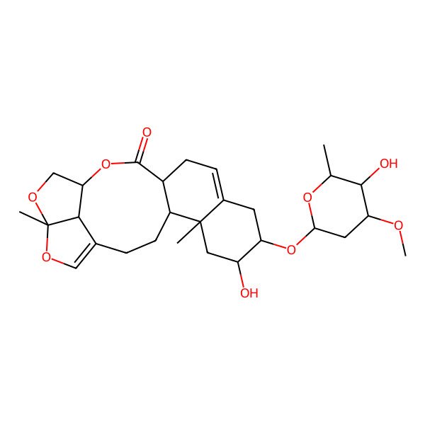 2D Structure of 7-Hydroxy-8-(5-hydroxy-4-methoxy-6-methyloxan-2-yl)oxy-5,19-dimethyl-15,18,20-trioxapentacyclo[14.5.1.04,13.05,10.019,22]docosa-1(21),10-dien-14-one