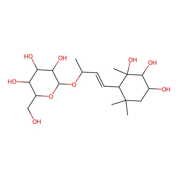 2D Structure of (2R,3S,4S,5R,6R)-2-(hydroxymethyl)-6-[(E,2S)-4-[(1R,2R,3R,4R)-2,3,4-trihydroxy-2,6,6-trimethylcyclohexyl]but-3-en-2-yl]oxyoxane-3,4,5-triol