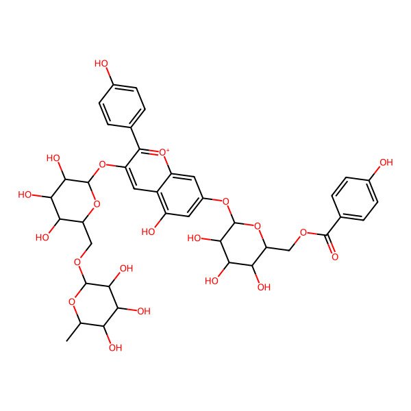2D Structure of [(2S,3S,4S,5S,6S)-3,4,5-trihydroxy-6-[5-hydroxy-2-(4-hydroxyphenyl)-3-[(2S,3R,4S,5S,6R)-3,4,5-trihydroxy-6-[[(2R,3S,4R,5R,6S)-3,4,5-trihydroxy-6-methyloxan-2-yl]oxymethyl]oxan-2-yl]oxychromenylium-7-yl]oxyoxan-2-yl]methyl 4-hydroxybenzoate
