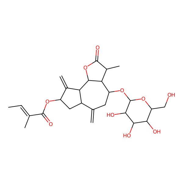 2D Structure of [(3S,3aR,4S,6aR,8S,9aR,9bR)-3-methyl-6,9-dimethylidene-2-oxo-4-[(2R,3R,4S,5S,6R)-3,4,5-trihydroxy-6-(hydroxymethyl)oxan-2-yl]oxy-3a,4,5,6a,7,8,9a,9b-octahydro-3H-azuleno[4,5-b]furan-8-yl] (Z)-2-methylbut-2-enoate