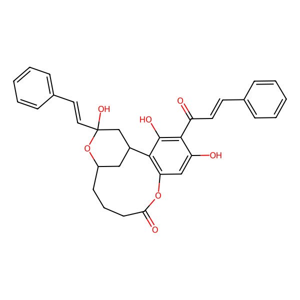 2D Structure of 3,5,15-Trihydroxy-15-(2-phenylethenyl)-4-(3-phenylprop-2-enoyl)-8,14-dioxatricyclo[11.3.1.02,7]heptadeca-2(7),3,5-trien-9-one