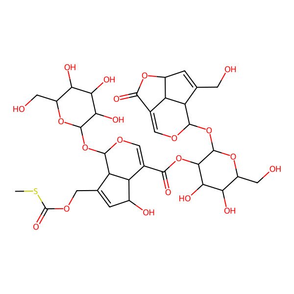 2D Structure of [(2S,3R,4S,5S,6R)-4,5-dihydroxy-6-(hydroxymethyl)-2-[[(4S,7S,8S,11S)-6-(hydroxymethyl)-2-oxo-3,9-dioxatricyclo[5.3.1.04,11]undeca-1(10),5-dien-8-yl]oxy]oxan-3-yl] (1S,4aS,5S,7aS)-5-hydroxy-7-(methylsulfanylcarbonyloxymethyl)-1-[(2S,3R,4S,5S,6R)-3,4,5-trihydroxy-6-(hydroxymethyl)oxan-2-yl]oxy-1,4a,5,7a-tetrahydrocyclopenta[c]pyran-4-carboxylate