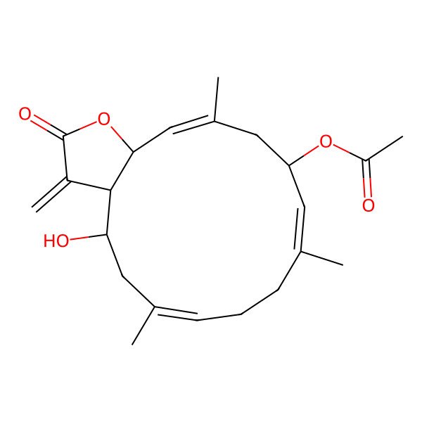 2D Structure of (4-Hydroxy-6,10,14-trimethyl-3-methylidene-2-oxo-3a,4,5,8,9,12,13,15a-octahydrocyclotetradeca[b]furan-12-yl) acetate