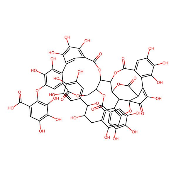 2D Structure of 2-[[12-[5,8,20,21,22,25-Hexahydroxy-17,26,28-trioxo-9-(3,4,5-trihydroxyphenyl)-2,10,16,29-tetraoxaheptacyclo[12.12.3.01,13.03,12.06,11.018,23.024,27]nonacosa-3(12),4,6(11),18,20,22,24-heptaen-15-yl]-3,4,16,17,18-pentahydroxy-8,14-dioxo-11-(3,4,5-trihydroxybenzoyl)oxy-9,13-dioxatricyclo[13.3.1.02,7]nonadeca-1(19),2,4,6,15,17-hexaen-5-yl]oxy]-3,4,5-trihydroxybenzoic acid