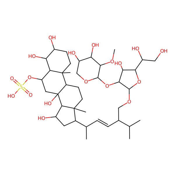2D Structure of [17-[5-[[5-(1,2-Dihydroxyethyl)-3-(4,5-dihydroxy-3-methoxyoxan-2-yl)oxy-4-hydroxyoxolan-2-yl]oxymethyl]-6-methylhept-3-en-2-yl]-3,4,8,15-tetrahydroxy-10,13-dimethyl-1,2,3,4,5,6,7,9,11,12,14,15,16,17-tetradecahydrocyclopenta[a]phenanthren-6-yl] hydrogen sulfate