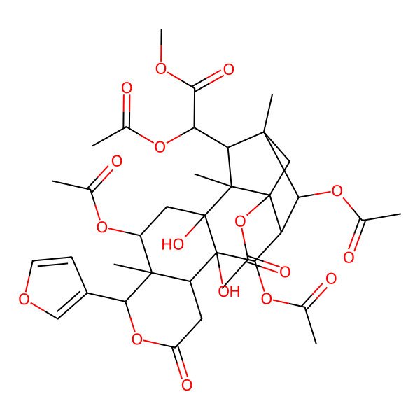 2D Structure of methyl (2R)-2-acetyloxy-2-[(1S,2S,4S,5S,6S,10R,11R,12R,13R,14R,15R,17S,18S)-4,12,14,17-tetraacetyloxy-6-(furan-3-yl)-2,11-dihydroxy-1,5,15-trimethyl-8-oxo-7-oxapentacyclo[13.2.1.02,11.05,10.013,17]octadecan-18-yl]acetate