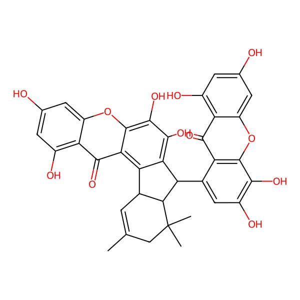 2D Structure of (8aS,12aS)-1,3,6,7-tetrahydroxy-9,9,11-trimethyl-8-(3,4,6,8-tetrahydroxy-9-oxoxanthen-1-yl)-8,8a,10,12a-tetrahydroindeno[1,2-a]xanthen-13-one