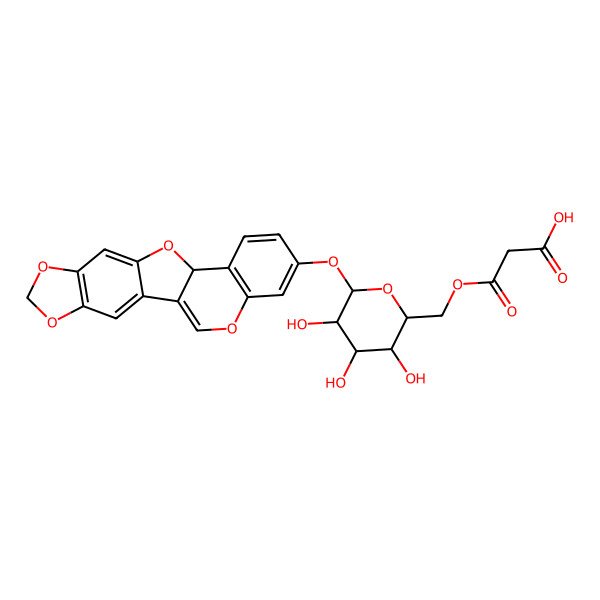 2D Structure of 3-Oxo-3-[[3,4,5-trihydroxy-6-(5,7,11,19-tetraoxapentacyclo[10.8.0.02,10.04,8.013,18]icosa-1(20),2,4(8),9,13(18),14,16-heptaen-16-yloxy)oxan-2-yl]methoxy]propanoic acid