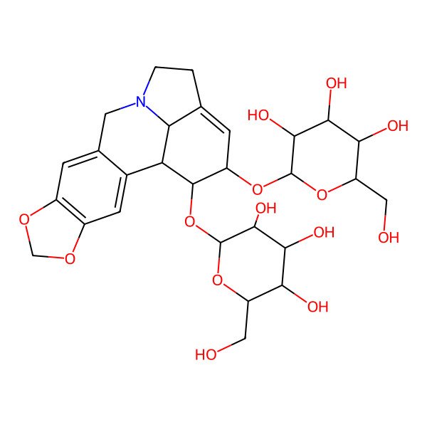 2D Structure of 2-(Hydroxymethyl)-6-[[18-[3,4,5-trihydroxy-6-(hydroxymethyl)oxan-2-yl]oxy-5,7-dioxa-12-azapentacyclo[10.6.1.02,10.04,8.015,19]nonadeca-2,4(8),9,15-tetraen-17-yl]oxy]oxane-3,4,5-triol