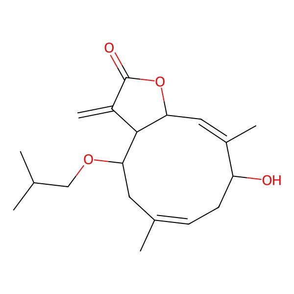 2D Structure of 9-Hydroxy-6,10-dimethyl-3-methylidene-4-(2-methylpropoxy)-3a,4,5,8,9,11a-hexahydrocyclodeca[b]furan-2-one