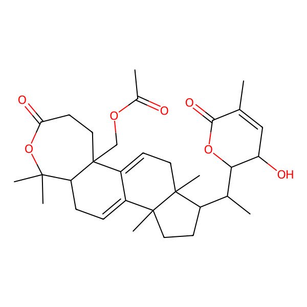 2D Structure of [1-[1-(3-Hydroxy-5-methyl-6-oxo-2,3-dihydropyran-2-yl)ethyl]-3a,6,6,12a-tetramethyl-8-oxo-1,2,3,5,5a,9,10,12-octahydroindeno[5,4-g][2]benzoxepin-10a-yl]methyl acetate
