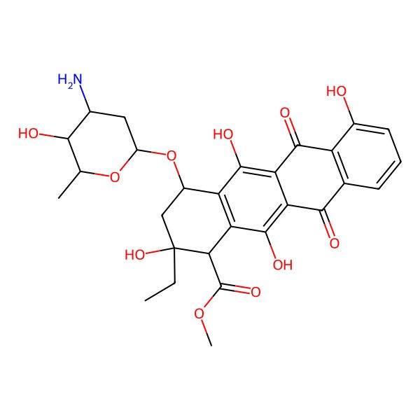 2D Structure of methyl 4-(4-amino-5-hydroxy-6-methyloxan-2-yl)oxy-2-ethyl-2,5,7,12-tetrahydroxy-6,11-dioxo-3,4-dihydro-1H-tetracene-1-carboxylate