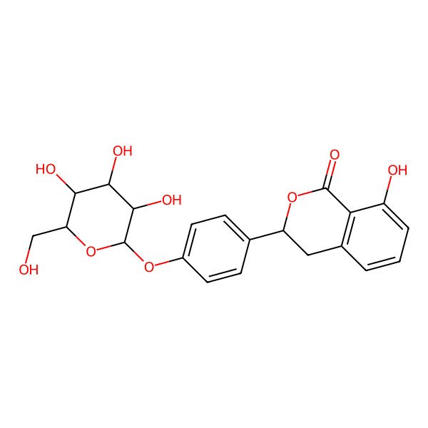 2D Structure of (3R)-8-hydroxy-3-[4-[(2S,3R,4S,5S,6R)-3,4,5-trihydroxy-6-(hydroxymethyl)oxan-2-yl]oxyphenyl]-3,4-dihydroisochromen-1-one