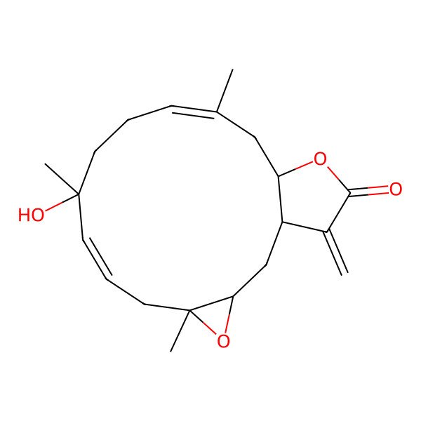 2D Structure of (1S,3R,5R,7E,9R,12E,15S)-9-hydroxy-5,9,13-trimethyl-18-methylidene-4,16-dioxatricyclo[13.3.0.03,5]octadeca-7,12-dien-17-one