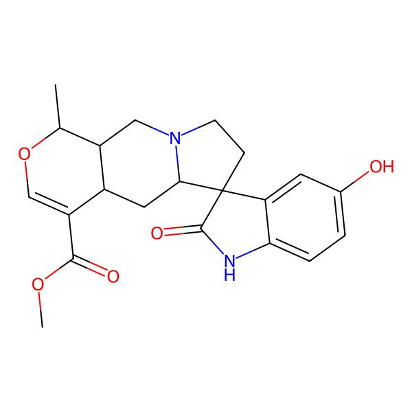 2D Structure of methyl (1S,4aS,5aS,6S,10aS)-5'-hydroxy-1-methyl-2'-oxospiro[1,4a,5,5a,7,8,10,10a-octahydropyrano[3,4-f]indolizine-6,3'-1H-indole]-4-carboxylate